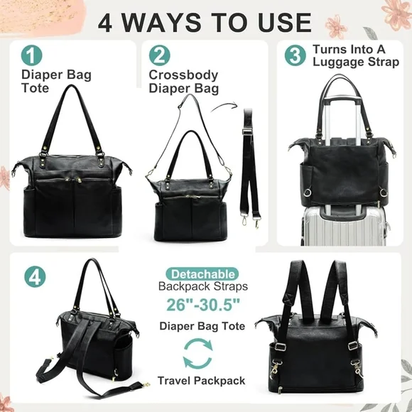 Mominside Black Leather Baby Diaper Bag Backpack, 14 Pockets & Changing Pad - Picture 2 of 16